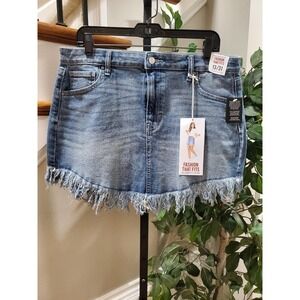 Celebrity Pink Women's Blue Denim Cotton Mid Rise Fray Hem Mini Skirt 13/31